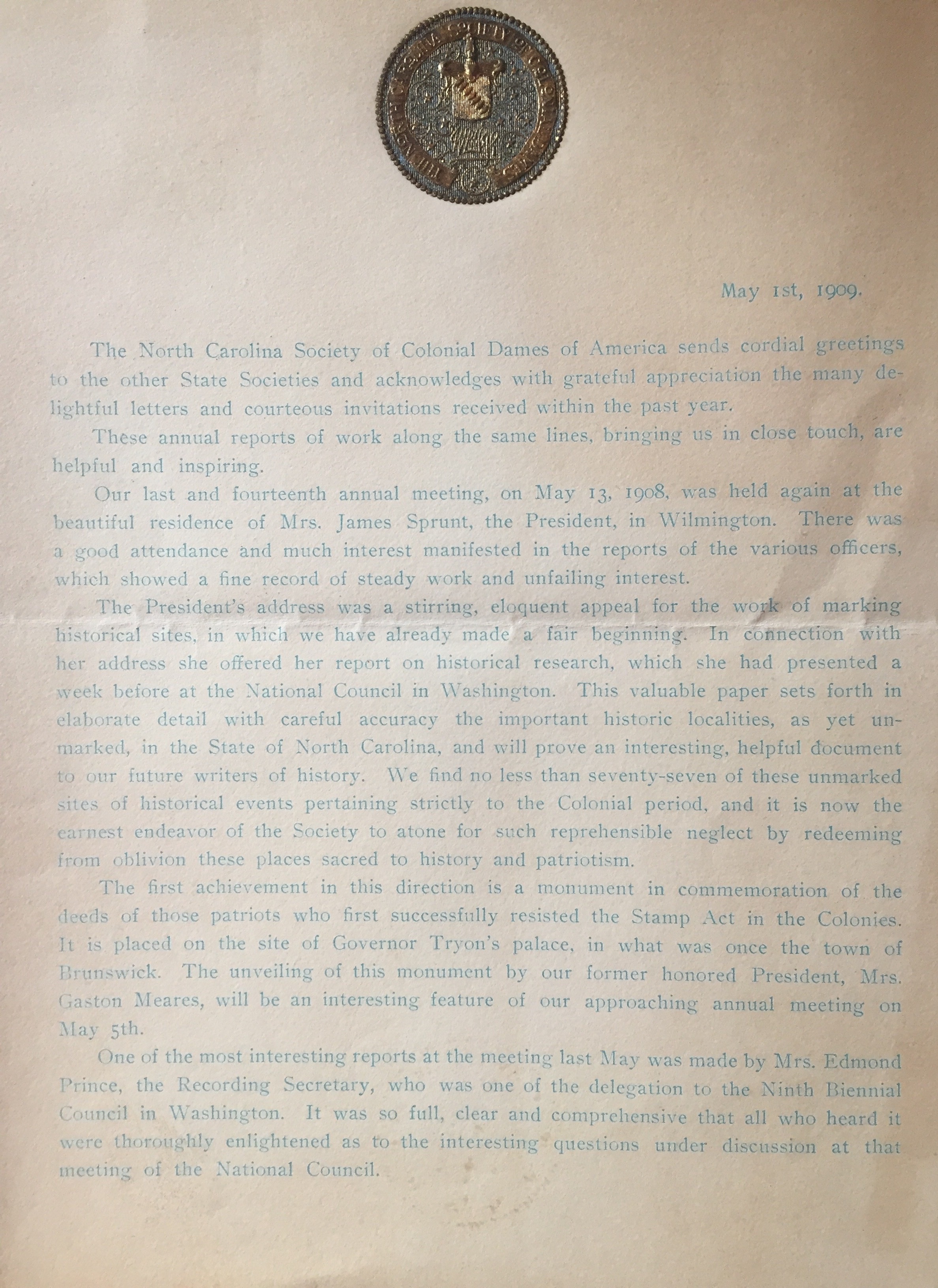 NC Dames Society Historian letter